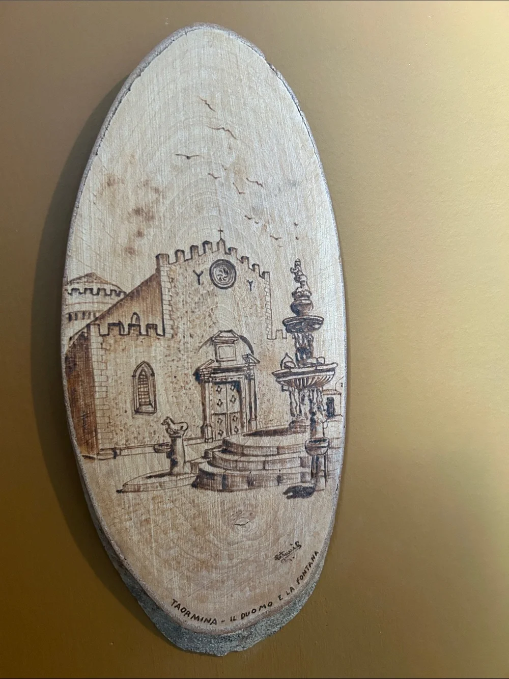 Wood-Burned Oval Wall Art - Natural Wood Tone